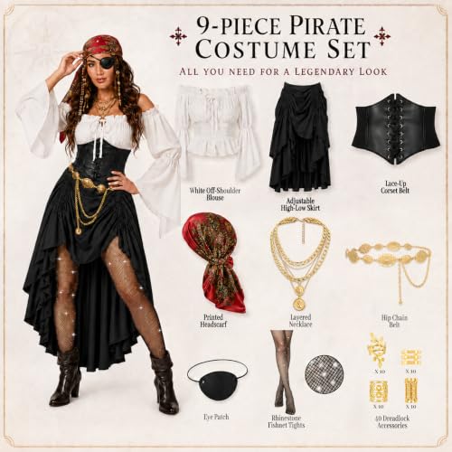RYJJEEST Déguisement Pirate Femme 9 Pièces, Costume Pirate Médiéval avec Corset, Haut, Jupe Réglable, Ceinture, Foulard,Costume Renaissance pour Halloween Carnaval Cosplay Soirée à Thème (Noir, XL) – vue 3