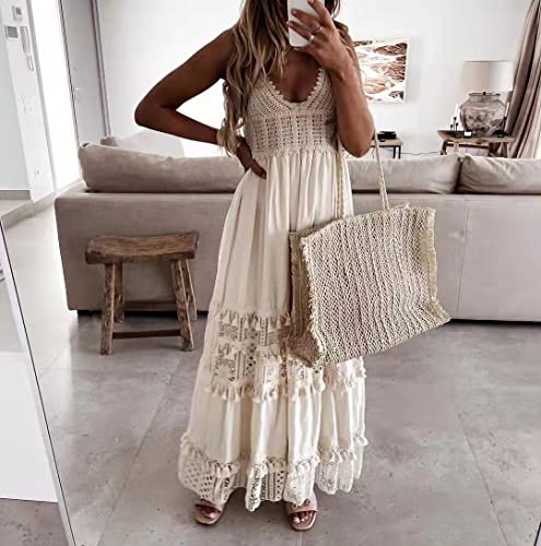 Image of ABOCIW Women's Boho Maxi Dress Lace Up Tassel V-Neck Flare Ruffle Fringed Beach Summer Dresses