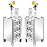 VINGLI 3-Drawer Mirrored Nightstand Bedside Table Modern Night Stands Set of 2 Glass Accent End Table, Fully Assembled, Silver