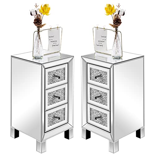 Image of VINGLI 3-Drawer Mirrored Nightstand Bedside Table Modern Night Stands Set of 2 Glass Accent End Table, Fully Assembled, Silver