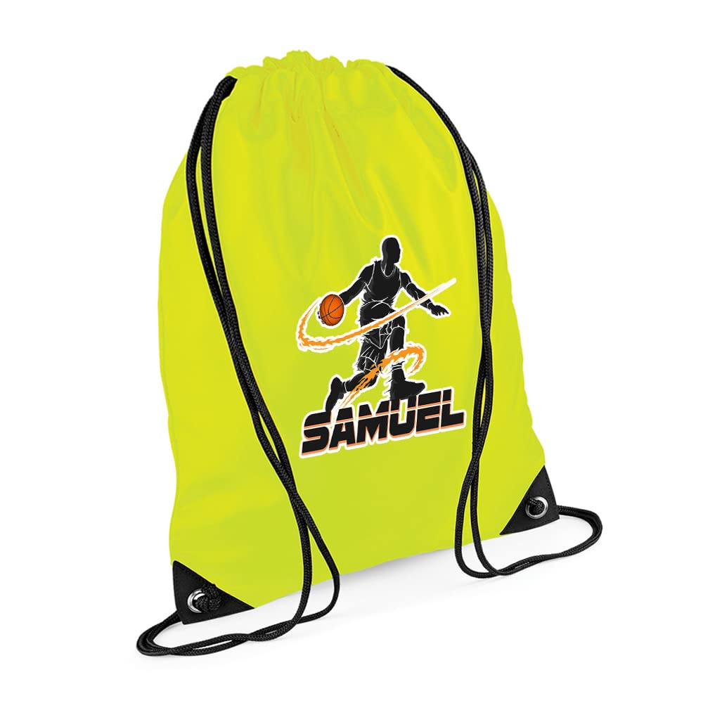 Personalised Basketball Player ANY NAME Sports Lover Gift for Men, Boy, Friend, Birthday present Drawstring Bag, PE Gym Kit Swimming, Sport Rucksack. (Fluorescent Yellow) — image 1