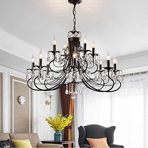 Suspension bougie avec plafonnier noir et lustres classiques en boule de cristal