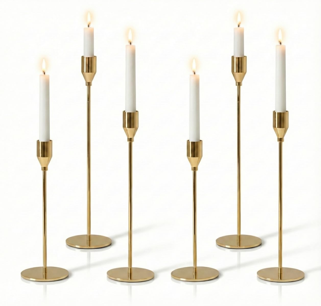 Pickood Solid Taper Candle Holders Set of 6, Champagne Gold Long Skinny Candlestick (Heights: 9/11/13 Inch), Heavy Iron Anti-Slip Base for Fireplace