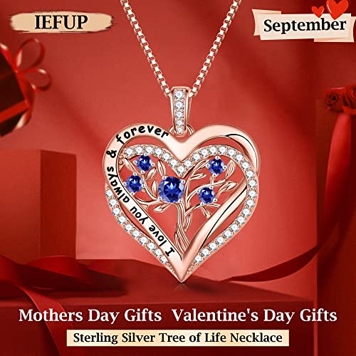 Iefup Sapphire Necklace For Women, S925 Sterling Silver Tree Of Life Necklace Double Heart Birthstone Necklace Anniversary Valentines Day Christmas Birthday Mothers Day Gifts For Mom Wife Grandma #TOP4