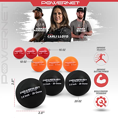 Powernet 2.8" Weighted Hitting Batting Progressive Training Balls (9 Pack) | Build Strength And Muscle | Improve Technique | Baseball Size | Hand-Eye Coordination (Pro Pack | 16, 18, 20 Ounces) #TOP1