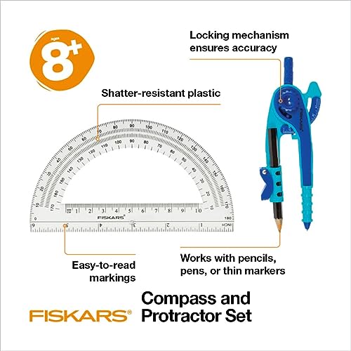 fiskars plastic compass and protractor set math geometry kit for kids 8 school supplies includes pencil color varies