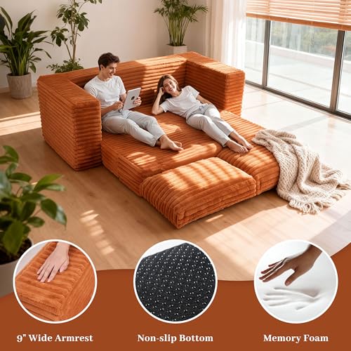 Image of HABUTWAY 62 inch Small Boneless Couch,3-in-1 Convertible Folding Sofa Bed, Corduroy Loveseat Sofa Bed w /2 Pillows for Living Room /Guest Room No Assembly Required, Brown