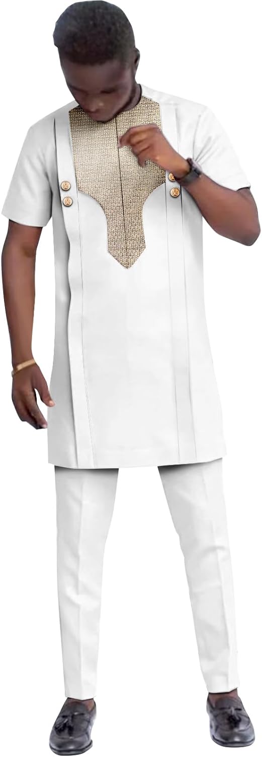 African Suits for Men Embroidery Short Sleeve Shirts and Pants 2 Piece Set Dashiki Outfits Wedding Evening