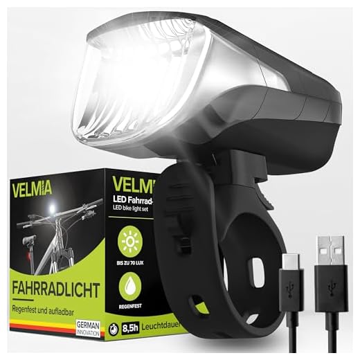 VELMIA Fahrradlicht Vorne StVZO zugelassen mit USB Akku-Betrieb und 8,5h Leuchtdauer I LED Fahrrad Licht regenfest und aufladbar I Front Fahrradlampe