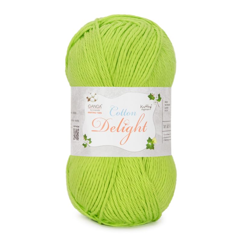 Image of Ganga Acrowools Cotton Delight, Dk Weight Cotton Yarn, Oekotex Class L Certified 100G, 169M, Pack of 1 Ball - 100gm Each, Shade No. - COD093 Lime Green