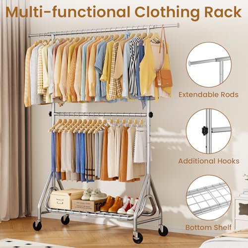 Image of Double Rods Clothing Rack, Heavy Duty Clothes Rack for Hanging Clothes Load 560LBS, Metal Rolling Garment Racks with Wheels, Freestanding Clothes Hanging Racks, Silver
