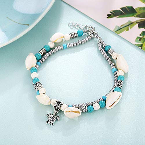 Image of Softones Blue Starfish Turtle Anklet Multilayer Charm Beads Sea Handmade Boho Anklet Foot Jewelry for Women