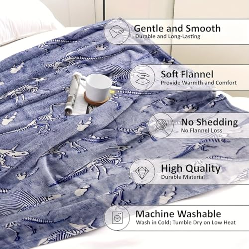 Image of Happy Hues Glow in The Dark Blanket Kids-Teens Boys & Girls Travel Lightweight Throw Blankets Soft & Fluffy for Kids (Boneosaur)