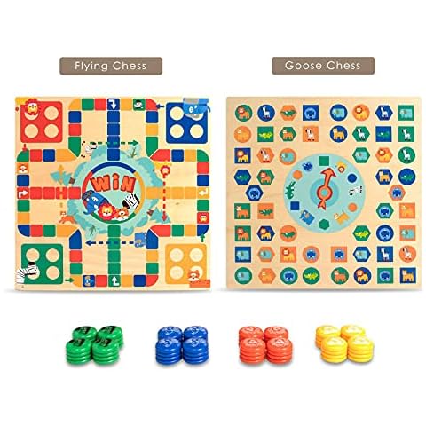 OMOTIYA Broad Game for Boys Girls Age 3 and up for 2 - 4 Players, 2 in 1 Wooden Flying Chess Family Game for Adults Kids and Children Cover