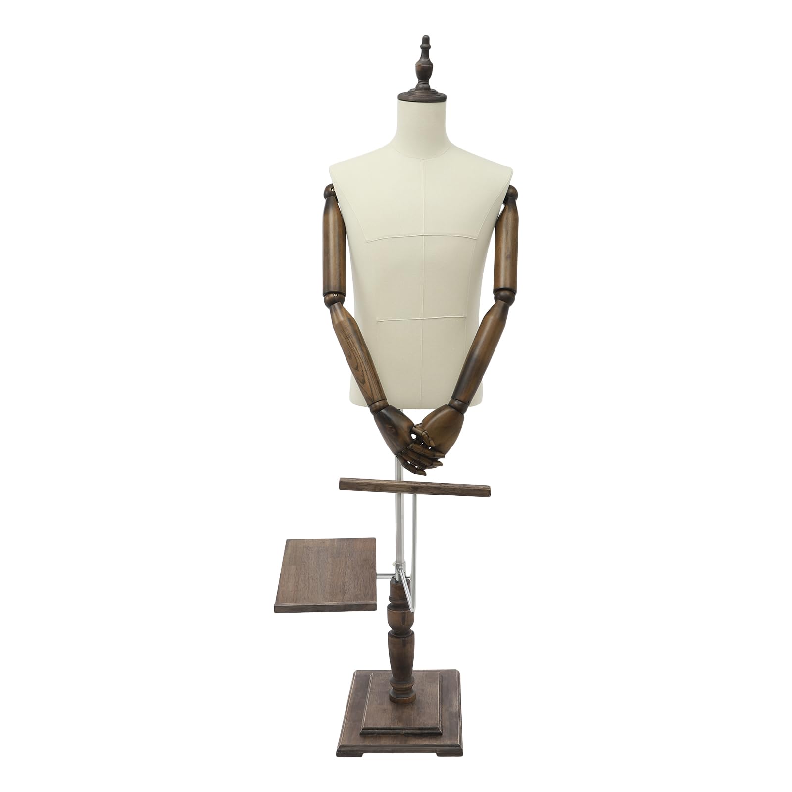 Manichino da sartoria, maschio, regolabile (135 – 180 cm), da uomo, busto sartoriale, corpo con ripiano per pantaloni + portascarpe per esposizioni e cucito (beige, M)