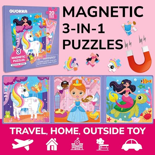 Image of Magnetic Puzzles for Toddlers 3-5 - Kids Travel Toys for Girls | 20 Pieces Puzzles Ages 2-4 - Travel Game for Kids 4-6 - Car Airplane Road Trip Activities with Unicorn, Princesses, Fairies