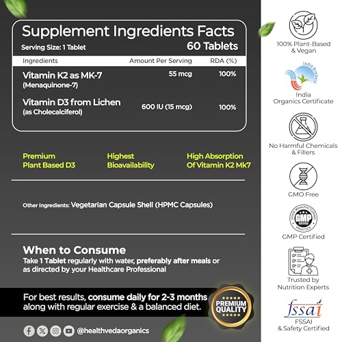Health Veda Organics Vitamin D3 600 IU + Vitamin K2-7 (55 mcg) Tablets – Bone, Immunity & Joint Support Supplement for Men & Women – 60 Veg Tablets (Pack of 2)