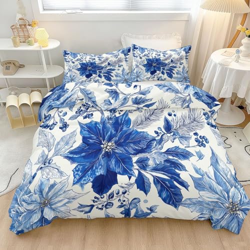 Juego de Cama 155 x 220 cm - Funda nórdica con Flores Azules Minimalistas Dibujadas A Mano – Juegos de Fundas nórdicas de Microfibra Ligeras y de fácil Cuidado, Blanco