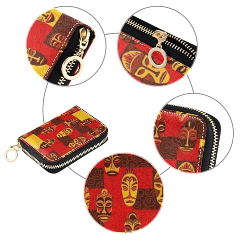 Leather Wallets for Women Credit Card Protector RFID Blocking Small Travel Wallet with Zipper Cool Tribal African Face4