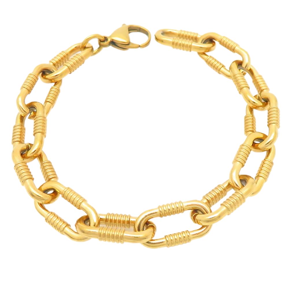 Elefezar Stainless Steel Chunky Link Chain Bracelet for Men Women 18K Gold Plated Punk Threaded Pattern Trendy Jewelry