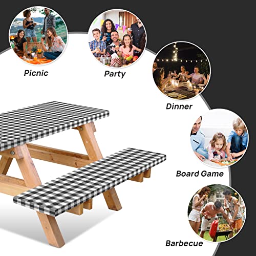 Rnoony Vinyl Fitted Picnic Table Cover With Bench Covers And Bag, 6Ft Outdoor Waterproof Picnic Tablecloth With Elastic Edges, 72X30 Inches 3 Pcs Set (Black) #TOP3