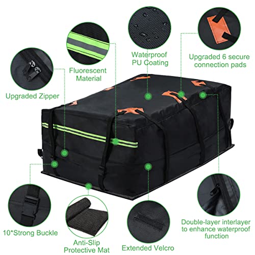 Linlinjya Car Rooftop Cargo Carrier Bag,Includes Anti-Slip Mat + 6 Reinforced Straps +10 Door Hooks,Night Reflective Strip,Storage Bag, Suitable For All Vehicle With/Without Rack (15 Club Feet) #TOP2