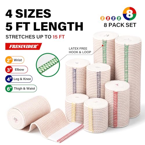 Image of FRESINIDER Premium Elastic Bandage Wrap 8 Pack, 2-6 Inch, Hook and Loop | Assorted-Width Cotton Compression Set Covers Wrist, Ankle, Knee and Thigh; Secure Ends for Full-Body Support and First Aid.