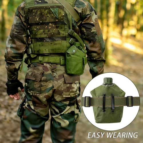ShenDu Military Canteen, WWII US GI Style 1 Quart Water Canteen Kit with Aluminum Canteen Cup, Stainless Steel Spork & Cover for Camping, Hiking, Backpacking