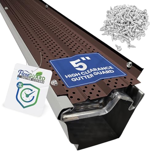 Image of FlowGuard USA Made Professional DIY 5 Inch High Clearance 50-Year Gutter Cover System - Brown - Aluminum Gutter Guards - 102 Feet - by FlexxPoint