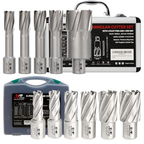 Image of S&F STEAD & FAST Carbide Annular Cutter Set 5 Pcs, 3/4 Weldon Shank, Cutting Diameter 5/8 to 1-1/2 Inch & Annular Cutter Set 6 Pcs, Cutting Diameter 1/2 to 1-1/16 Inch Inch, All with Cutting Depth 2"