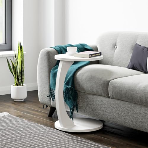 Image of Modern C-Shaped Side Table for Sofa & Bed | White Laptop Snack Table | Space-Saving Couch Side End Table for Living Room Bedroom | Portable Coffee Table for Home Office (C White)