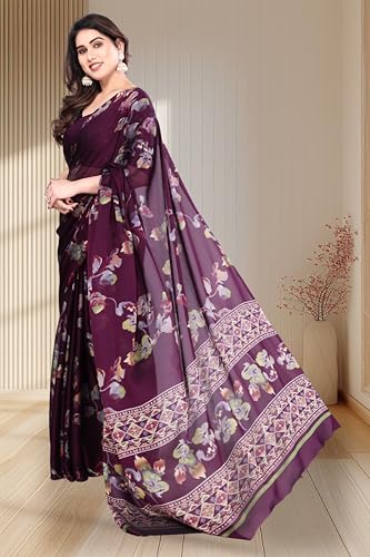 Image of SUPERLAXMI Women's Chiffon Floral Printed Saree with Blouse Piece