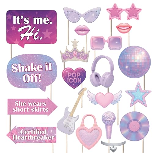 Pop Star ERAS Party Photo Booth Props 20-Piece Glitter and Music Themed Decorations for Girls Nights Birthdays and Concert Parties