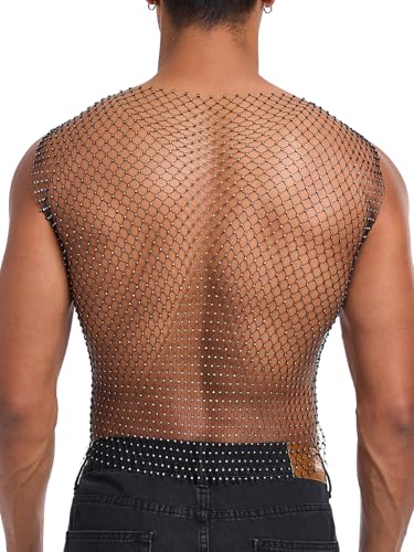 CYCLAMEN Rhinestone Mens Tank Tops Fishnet Sparkly Diamond Sleeveless Shirt See Through Festival Sexy Outfits Rave Party2