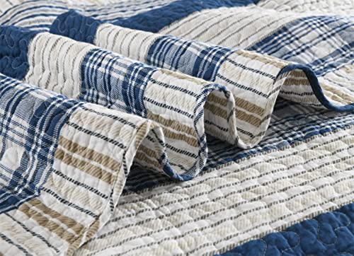 Image of Homzard Queen Comforter Set - Blue White Tan Striped Queen Size Comforter Set,100% Cotton Plaid Quilts Queen Size Bedding Set, Farmhouse Bedspread Lightweight Bedding 3 Pieces All Season