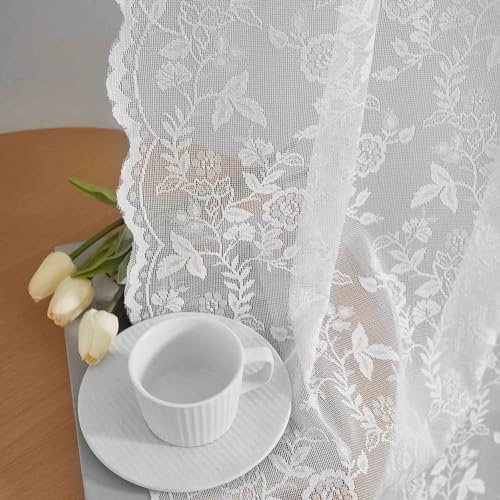 FINECITY White Lace Curtains 84 Inches Long for Living Room,