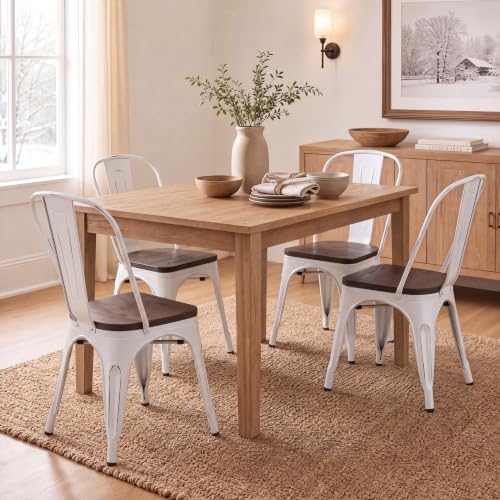 Image of Furmax Metal Dining Chairs with Wood Seat, Indoor-Outdoor Use Stackable Chic Dining Bistro Cafe Side Metal Chairs Set of 4(White)
