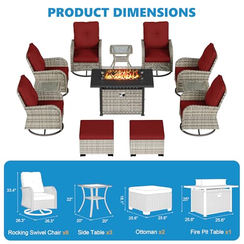 Image of 12-Piece Small Patio Furniture Set, Outdoor Swivel Rocking Chairs Set with 55,000 BTU Fire Pit Table Wicker Chairs and Ottomans, Patio Bistro Set for Balcony, Deck, Porch, Red