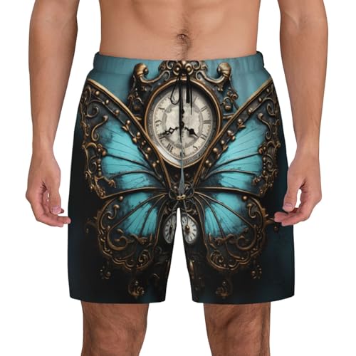 Clock Butterfly Print Men Stylish Functionality Swim Trunks Breathable Beach Shorts Surfing Gym Fishing