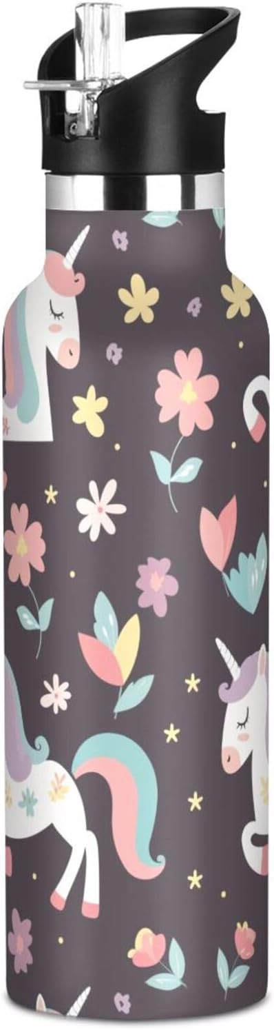 Botella de agua colorida de dibujos animados de unicornios para niños con tapa de boquilla a prueba de fugas, doble pared aislada al vacío, a prueba