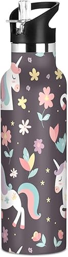 Miniatura 1 de Botella de agua colorida de dibujos animados de unicornios para niños con tapa de boquilla a prueba de fugas, doble pared aislada al vacío, a prueba