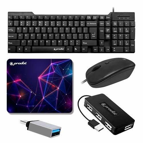 Prodot 5-in-1 Wired Combo Pack | Wired Keyboard + Quad Optical Mouse with Adjustable DPI + 4 in1 Port USB Hub + USB Type-A to Type-C Converter + Anti-