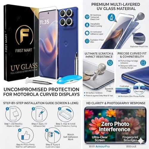 Image of FIRST MART UV Tempered Glass for Motorola Edge 60 Pro With Silver Camera Ring Guard Combo | Crystal Clear Curved Screen Protector, Case-Friendly, Scratch Resistant | Pack of 1