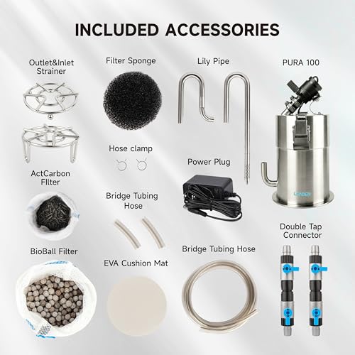 Image of LANDEN PURA 100 Compact External Canister Filter for Aquarium System, Suitable for 10-28 Gallon Tanks, Stainless Steel Tank Canister with Water Pump and Double Tab Connector, Three-Stage Filtration