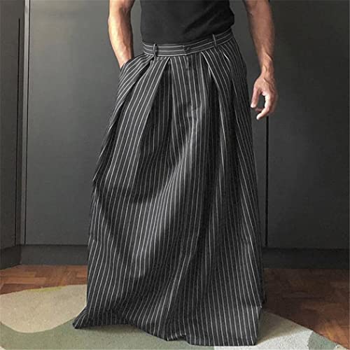 Men Striped Skirts Button Pants Loose Streetwear Casual Long Style Skirts Folds Thin Bottoms3