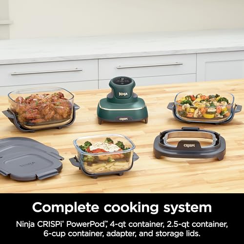 Image of Ninja Crispi 5-in-1 Glass Air Fryer | 450F, Nontoxic, 4QT & 6-Cup Containers & Lids | Microwave, Freezer, Dishwasher Safe | Max Crisp, Air Fry, Bake, Recrisp, Keep Warm | Brit. Racing Green, FN103BF