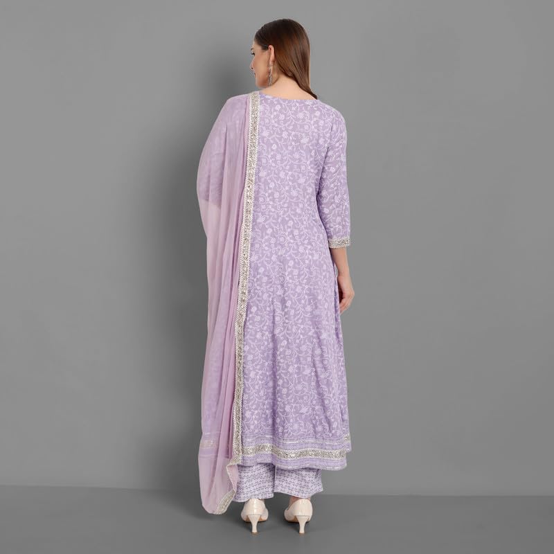 Image of NASRO Women's Viscose Rayon Printed Embroidered Round Neck 3 /4th Sleeves Anarkali Kurta & Pant Suit Set /Salwar Suit Set (Purple)
