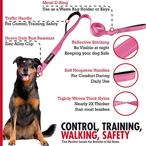 Image of Tuff Pupper Heavy Duty Double Handle Leash | Twist Locking Carabiner Clip | Safety Lock for Strong Dogs | Reflective for Safe Night Walks | 6 Foot Leash for Medium & Large Dogs