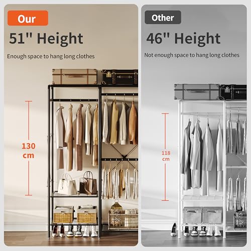 Heavy Duty Clothes Rack for Hanging Clothes, Free Standing Wardrobe Organizer with Rods & Shelves