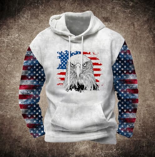 Men's Ethnic Print Sweatshirt American Flag Hoodies Drawstring Drop Shoulder Cowboy Pullover Tops with Pocket3